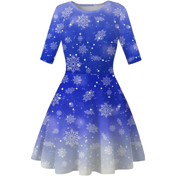 Women's Ugly Christmas Santa Dress Snowflake Blue Holiday Print Dress for Xmas - Picture 2 of 3